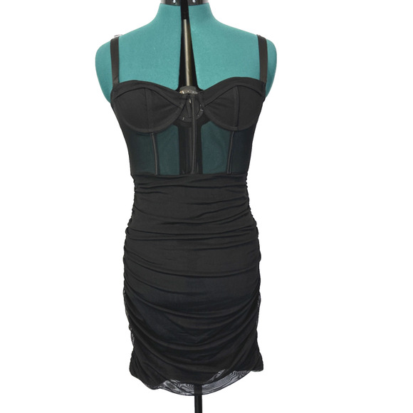 New White Fox‎ Push the Boundaries Mini Dress XL Black Shirred Sheer Bustier NWT - Picture 1 of 8